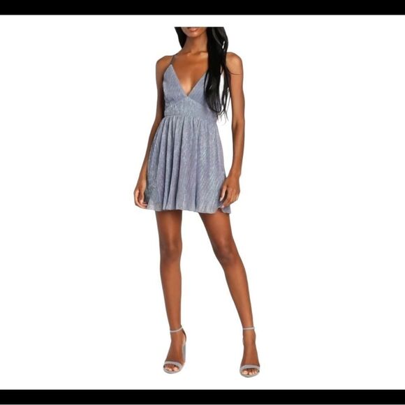 Lulus Make Your Acquaintance Blue Metallic V-Neck Skater Dress Women’s Size XS N - Picture 2 of 13